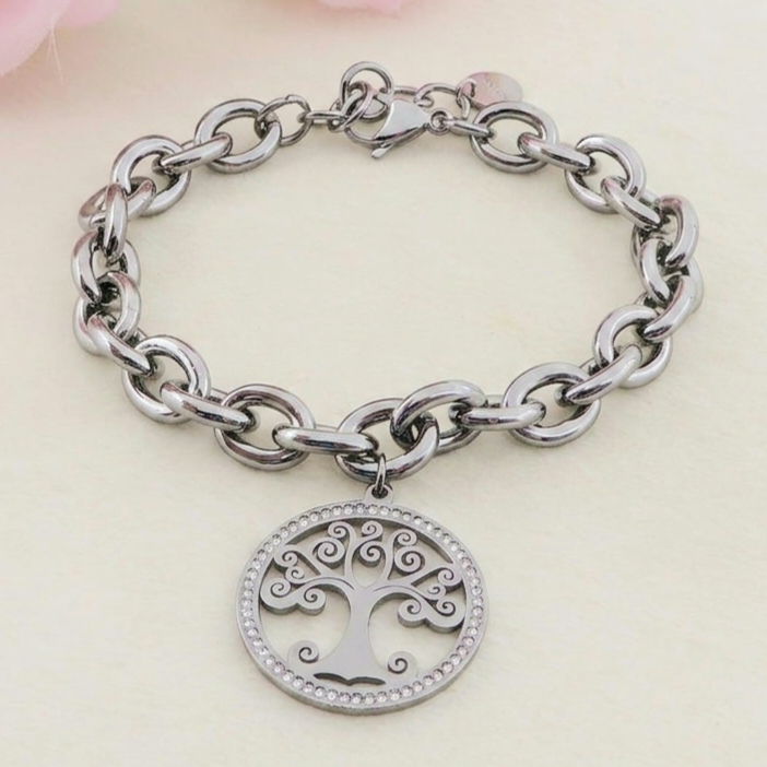 TREE OF LIFE Bagnato Argento ~ ACCIAIO INOSSIDABILE Bracciale con pendente albero della vita