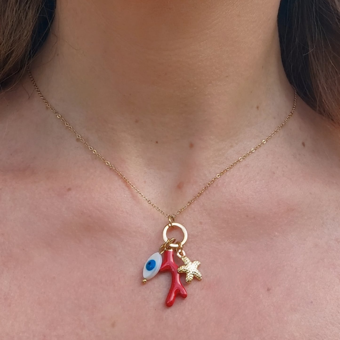 CORALINE Collana ~ ACCIAIO INOSSIDABILE - Collana catenina con ciondoli marini, corallo, stella marina e occhio greco
