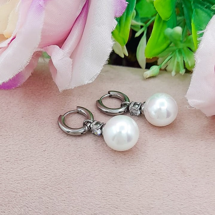 AUDREY HOOPS - ACCIAIO INOSSIDABILE ~ Orecchini hoops pendenti perla + tennis con cubic zirconia