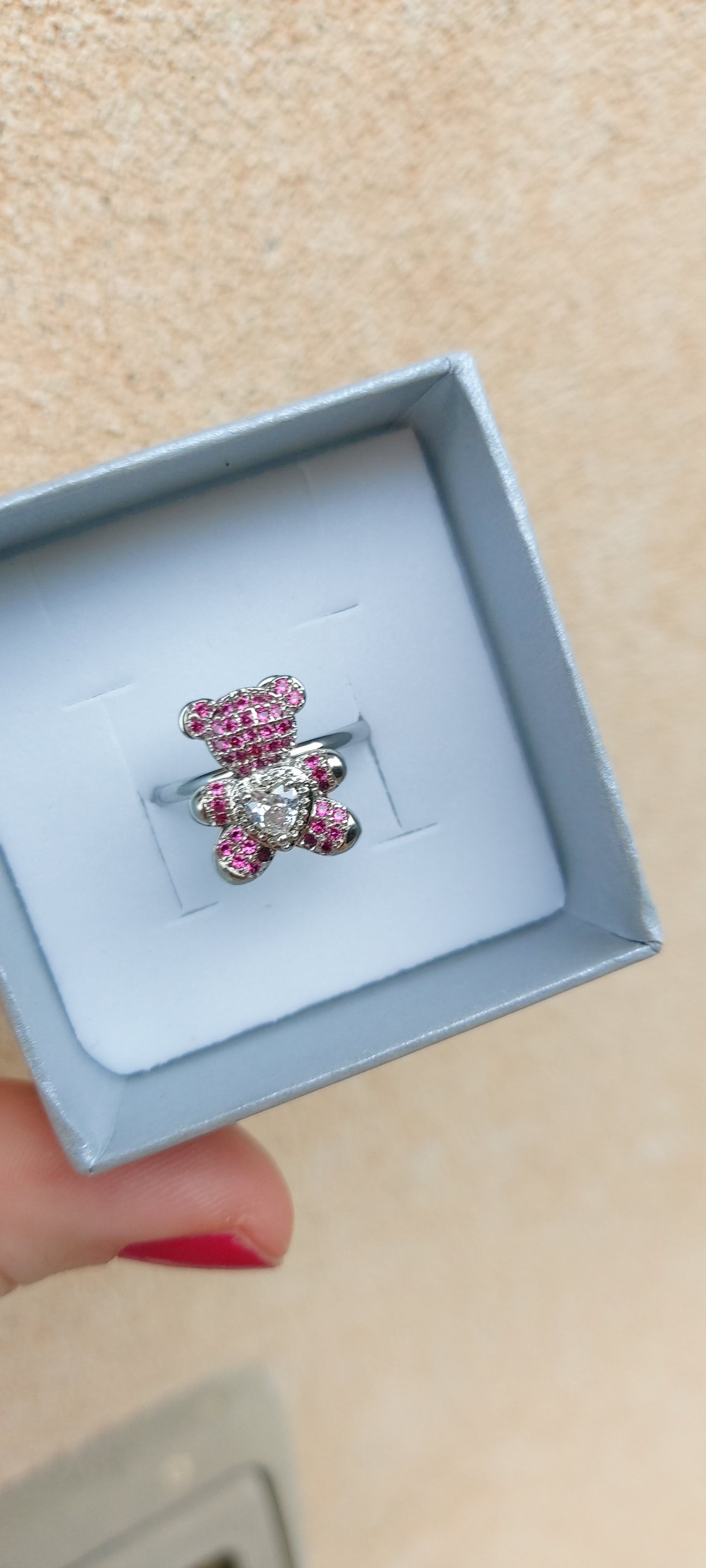 TEDDY CRYSTAL - Anello orsetto zirconato regolabile in ACCIAIO inossidabile con cubic zirconia