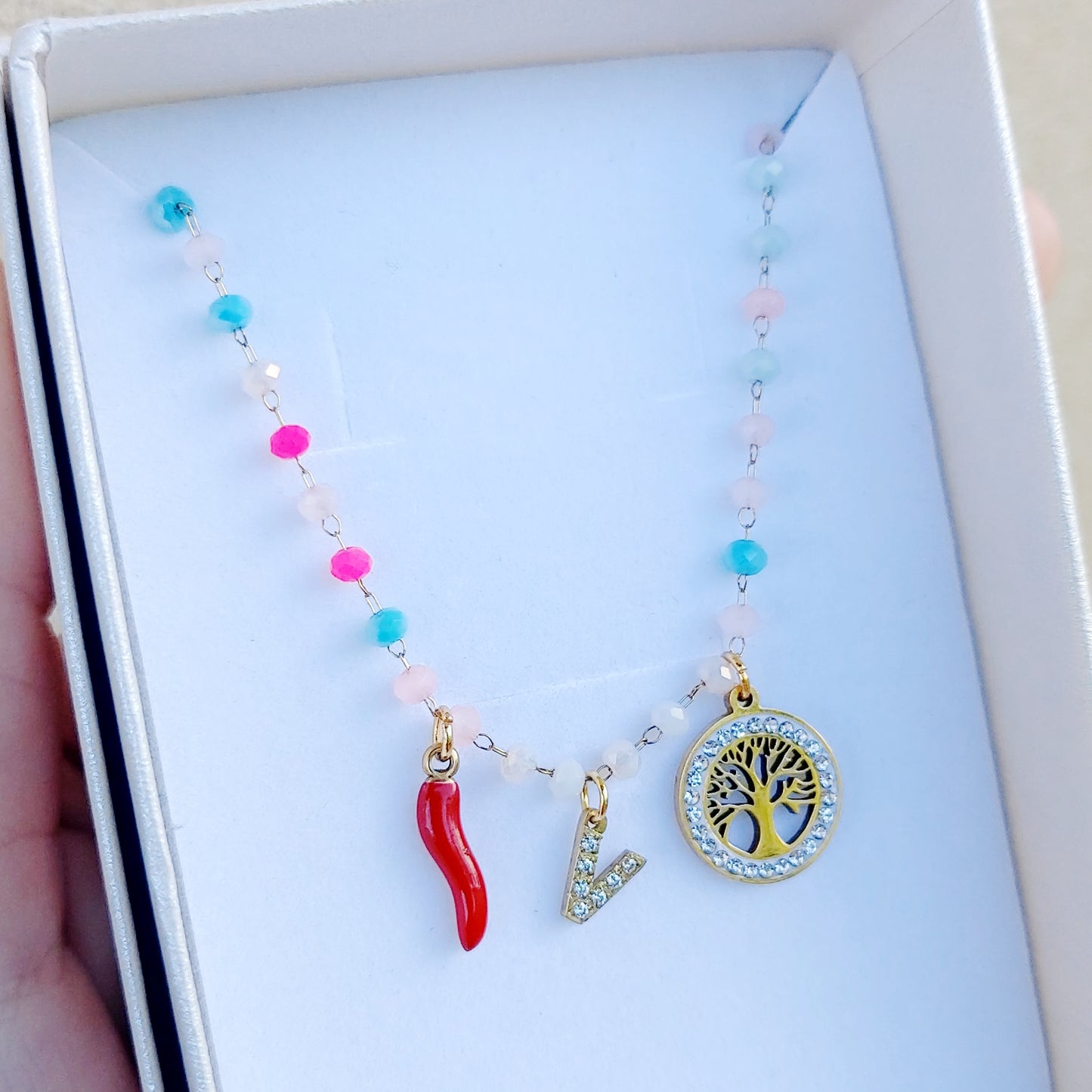 ROSARY NAME GOLD - Collana perle cristallo a rosario  Con Nome personalizzabile in Acciaio Inox