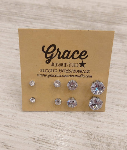 SET 4 PAIA PUNTI luce ~ Orecchini a borchie con zirconi ~acciaio inox ~ 8 PZ ~ 4 PAIA