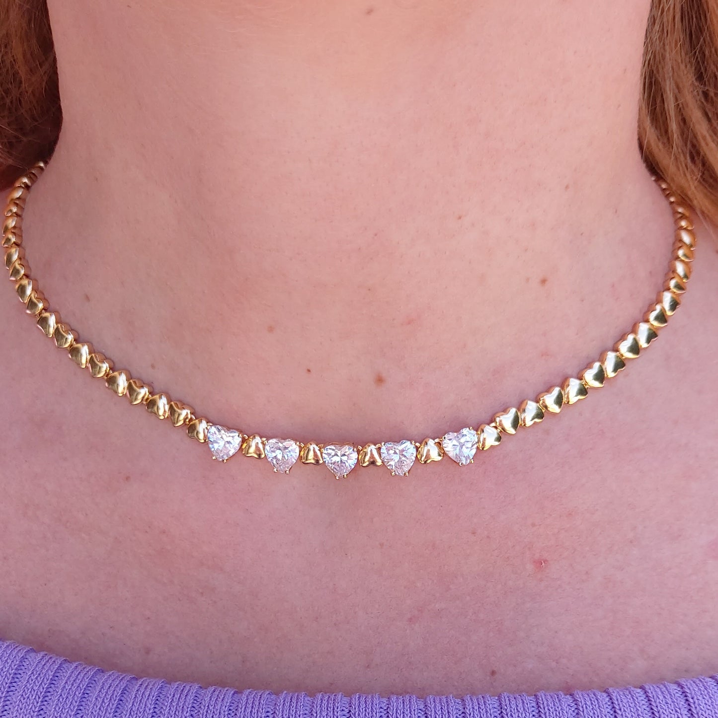 CLAIRE - Collier Tennis - Collana con cuoricini bombè e Cubic Zirconia a forma di cuore