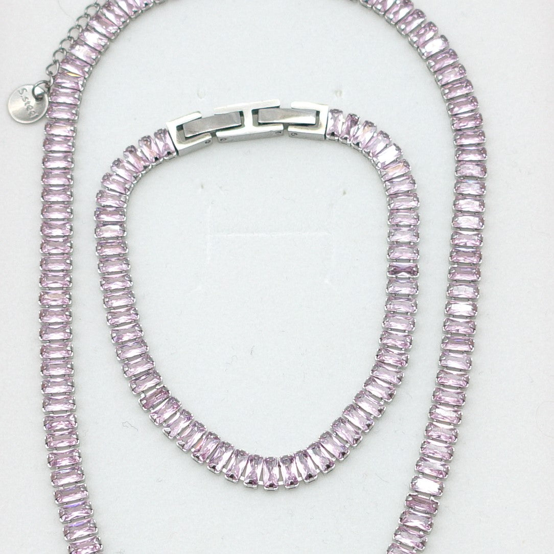 JULIANNE~ THE SET-2 PCS STAINLESS STEEL baguette shaped zirconia choker+baguette tennis bracelet