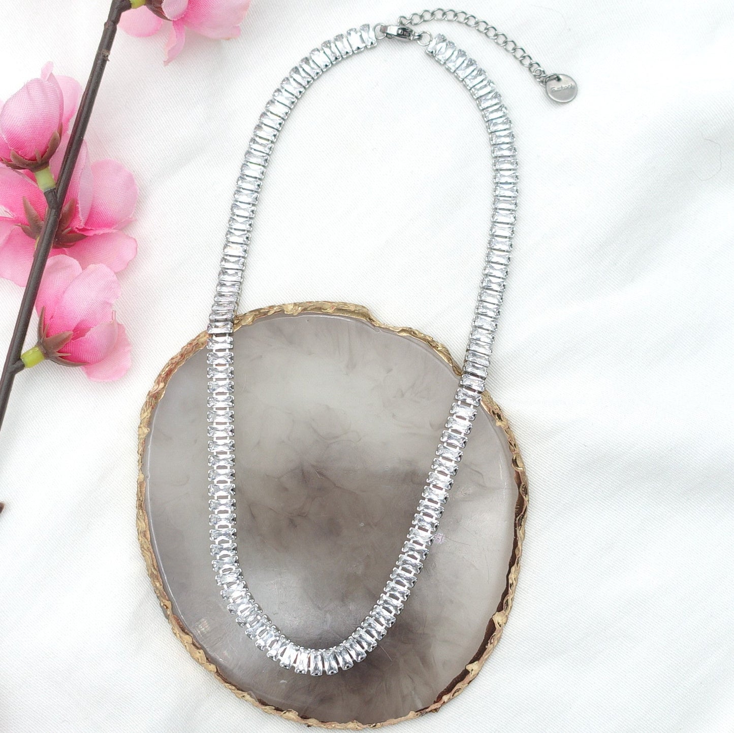 JULIANNE~ THE SET-2 PCS STAINLESS STEEL baguette shaped zirconia choker+baguette tennis bracelet
