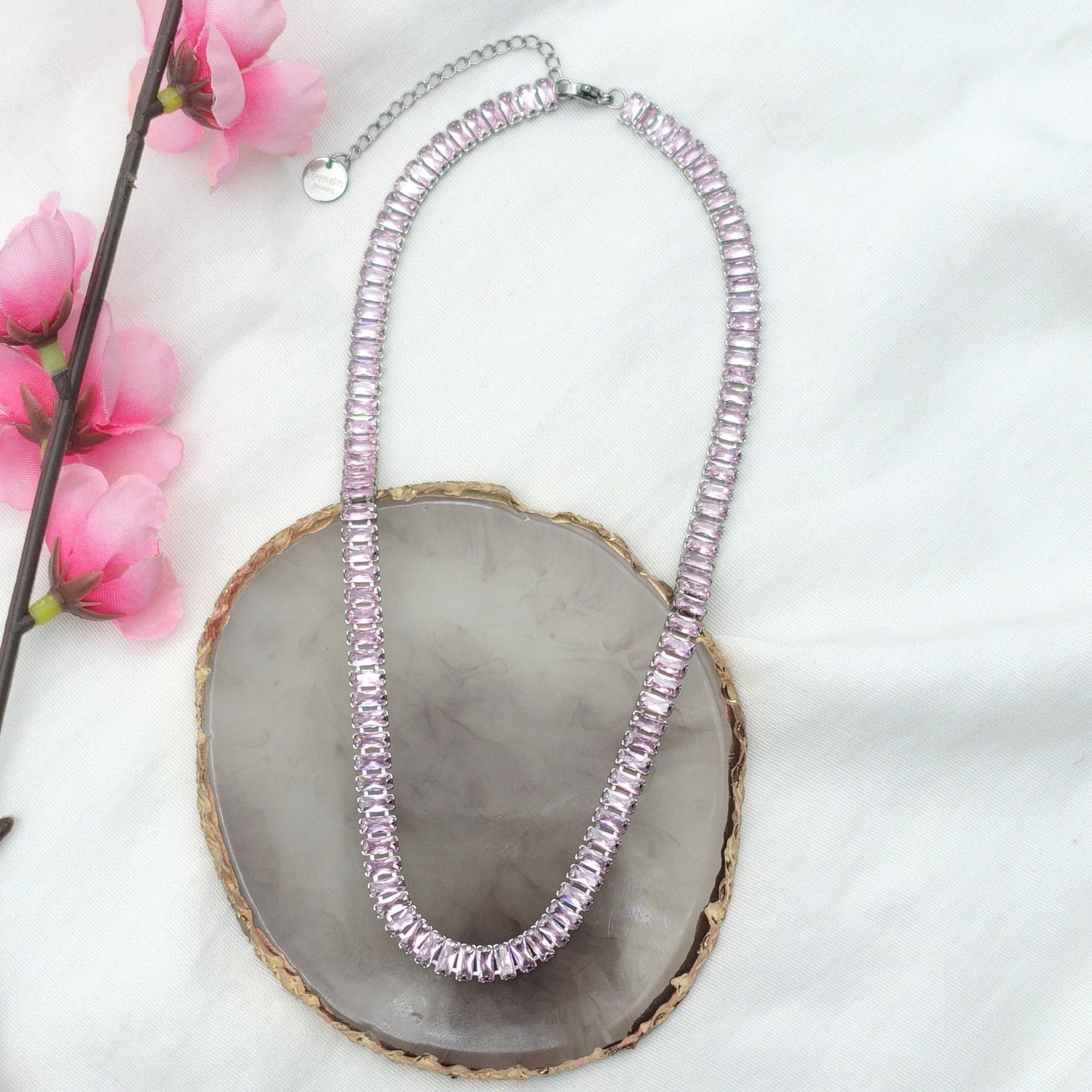 JULIANNE~ THE SET-2 PCS STAINLESS STEEL baguette shaped zirconia choker+baguette tennis bracelet