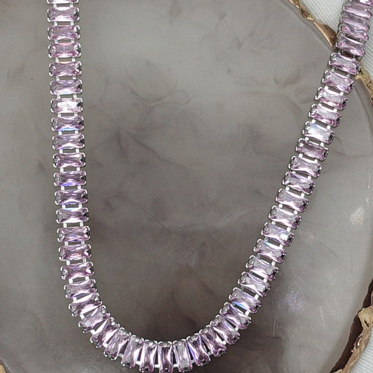 JULIANNE~ THE SET-2 PCS STAINLESS STEEL baguette shaped zirconia choker+baguette tennis bracelet