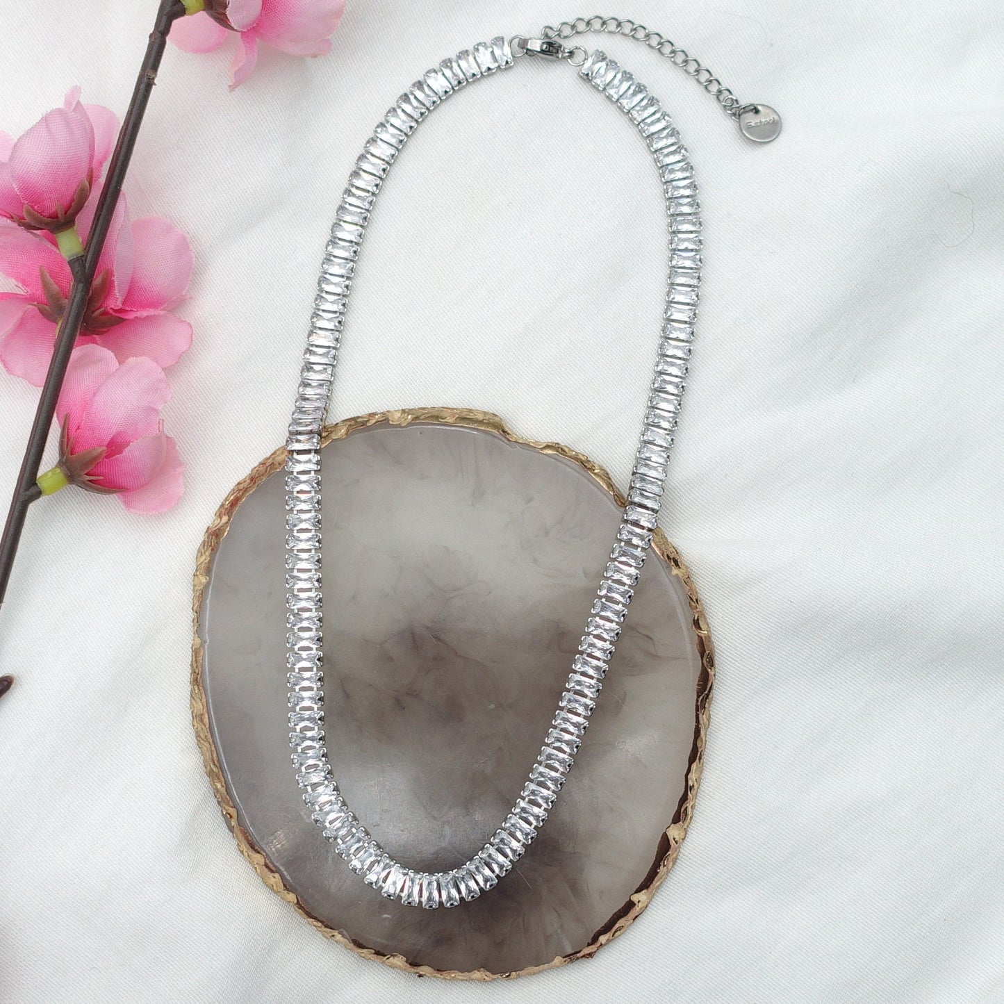 JULIANNE~ THE SET-2 PCS STAINLESS STEEL baguette shaped zirconia choker+baguette tennis bracelet