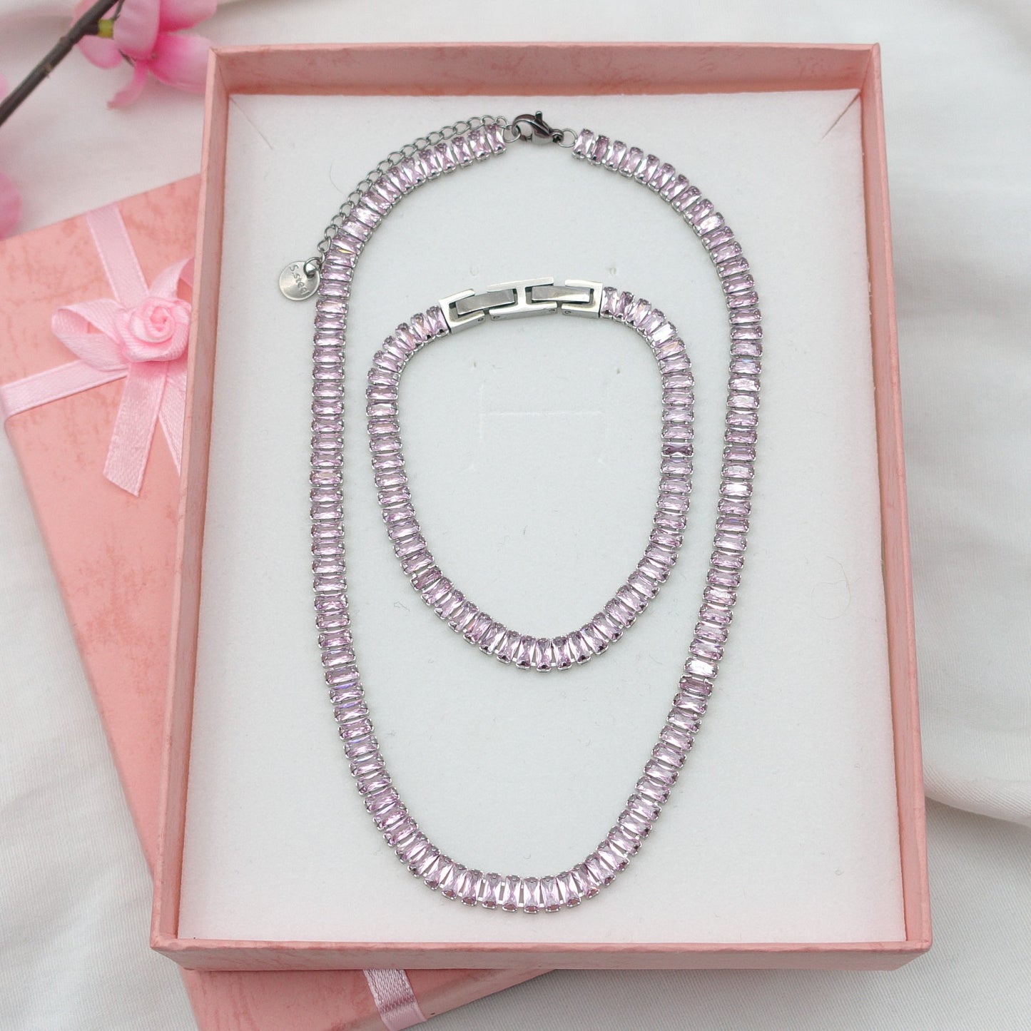 JULIANNE~ THE SET-2 PCS STAINLESS STEEL baguette shaped zirconia choker+baguette tennis bracelet