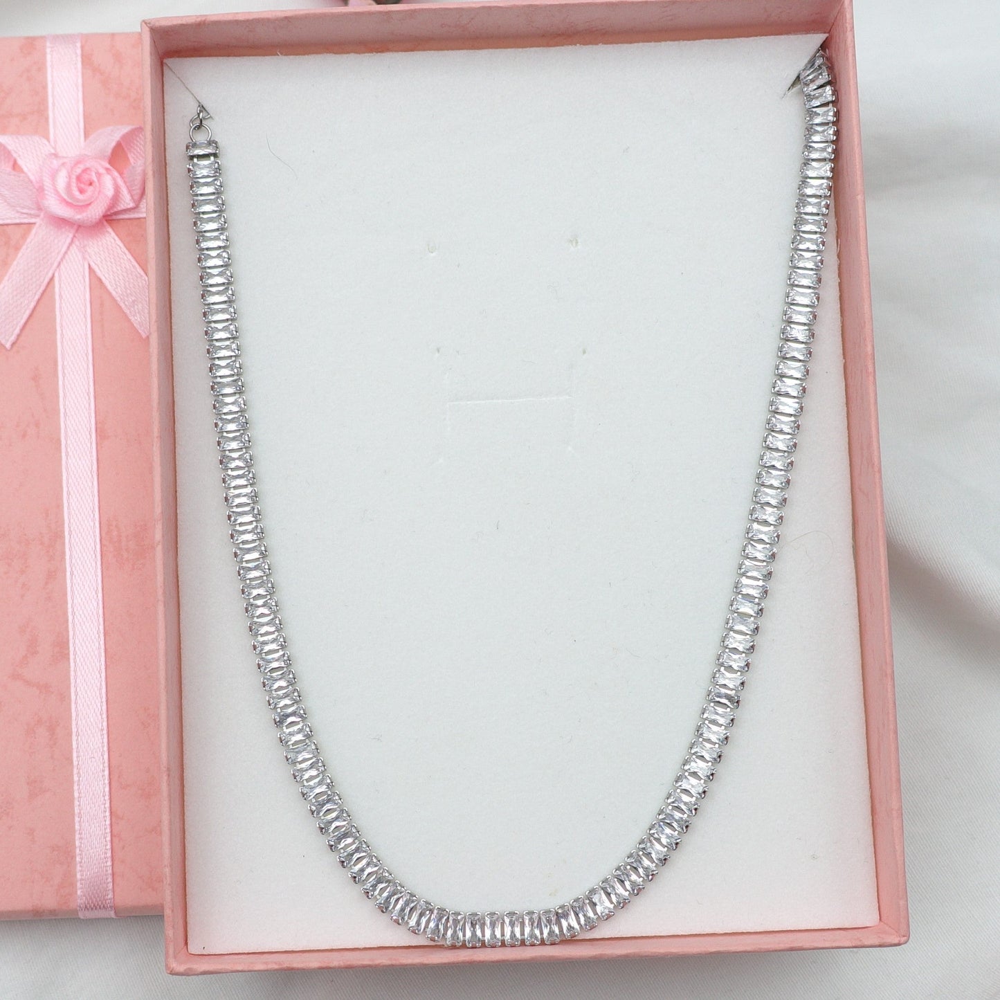 JULIANNE~ THE SET-2 PCS STAINLESS STEEL baguette shaped zirconia choker+baguette tennis bracelet