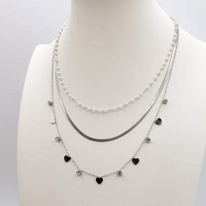 MADELINE ~ 3 in 1 Collana in ACCIAIO INOSSIDABILE tripla con perle e cuori