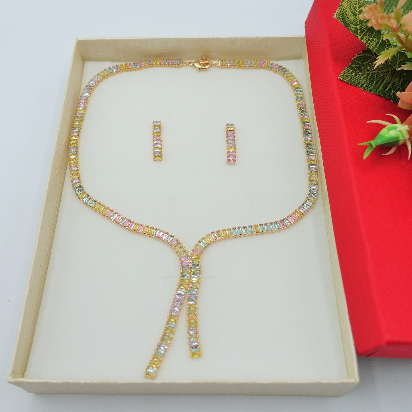 JOLIE SET - collier e orecchini con cubic zirconia RAINBOW taglio baguette