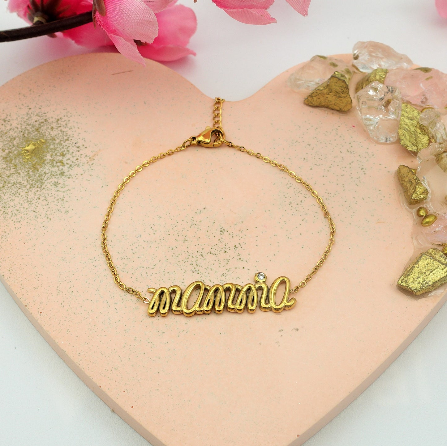 BRACCIALE IN CATENA~ ACCIAIO INOSSIDABILE - CON SCRITTA MAMMA E ZIRCONE