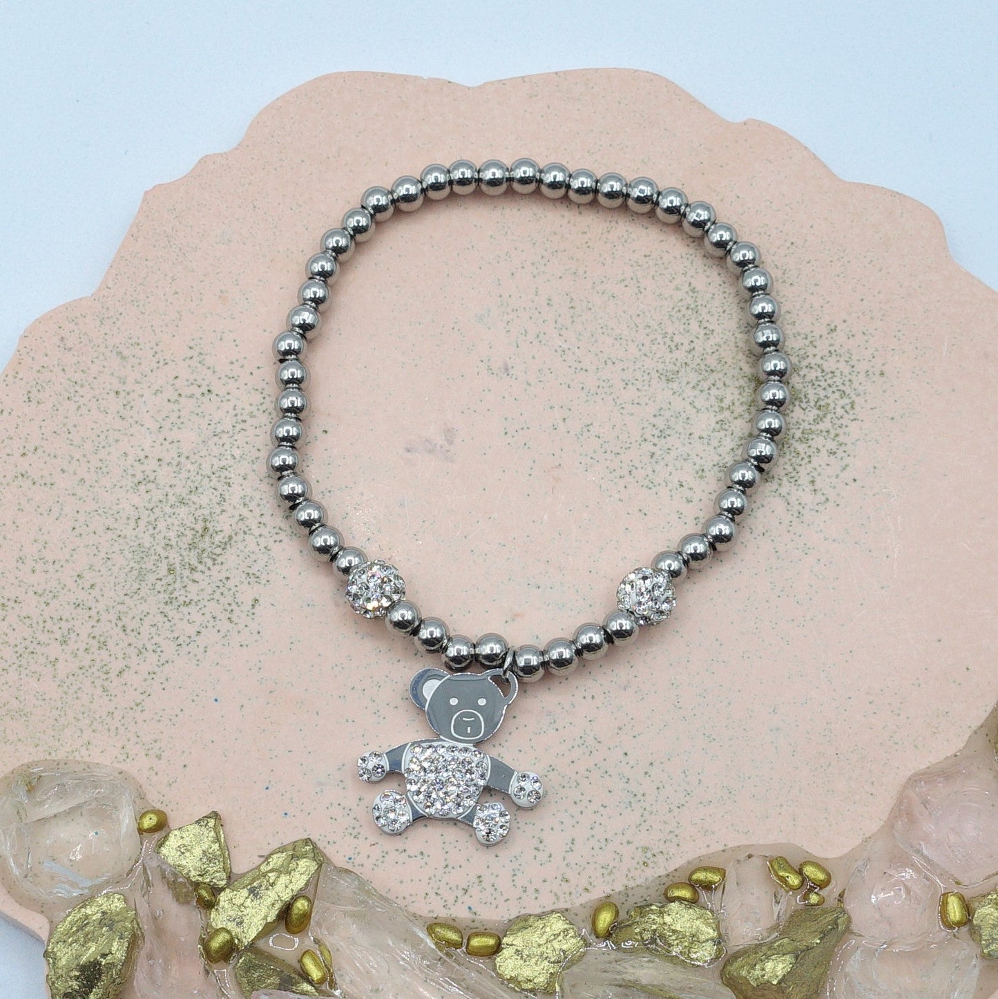 COCO~ ACCIAIO INOSSIDABILE-  Bracciale elastico  con ciondoli ORSO e CUBIC ZIRCONIA