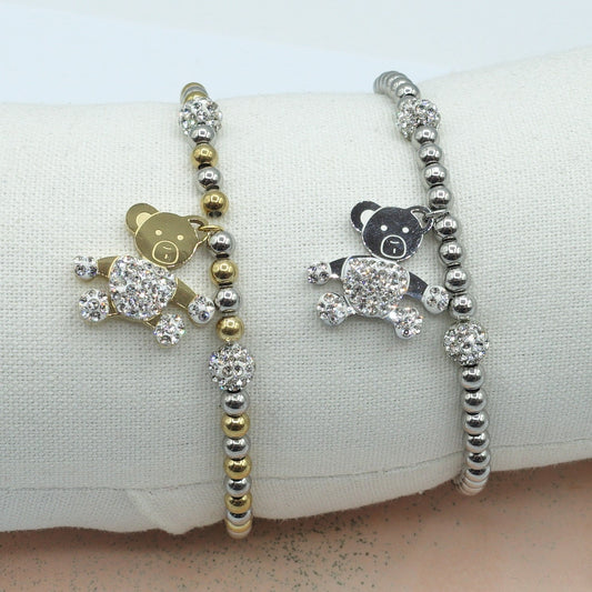 COCO~ ACCIAIO INOSSIDABILE-  Bracciale elastico  con ciondoli ORSO e CUBIC ZIRCONIA