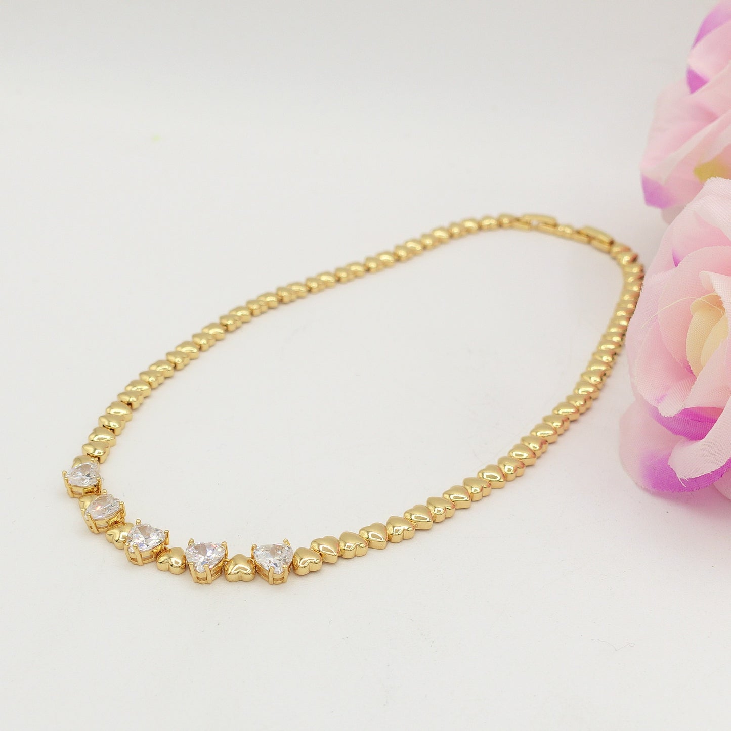 CLAIRE - Collier Tennis - Collana con cuoricini bombè e Cubic Zirconia a forma di cuore