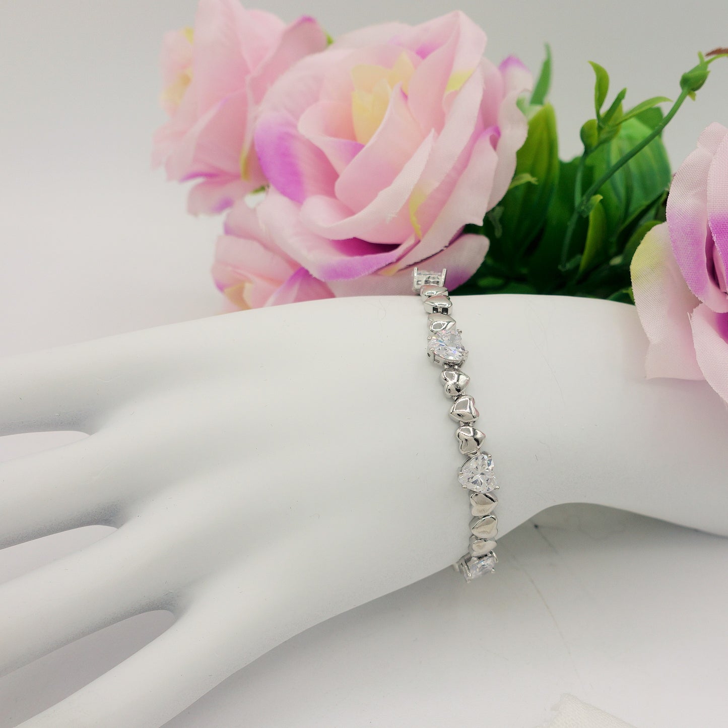 CLAIRE - Bracciale Tennis - Bracciale con cuoricini bombè e Cubic Zirconia a forma di cuore