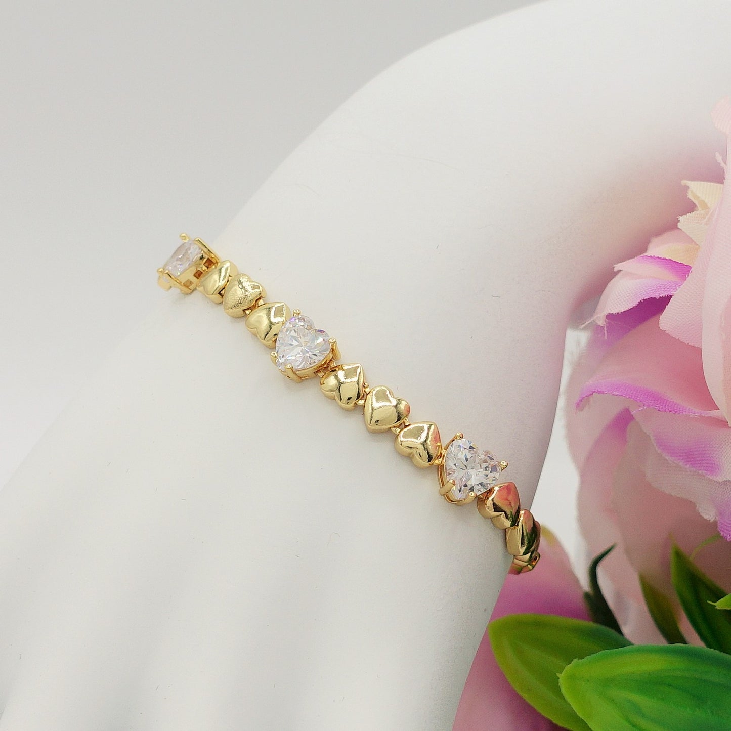CLAIRE - Bracciale Tennis - Bracciale con cuoricini bombè e Cubic Zirconia a forma di cuore