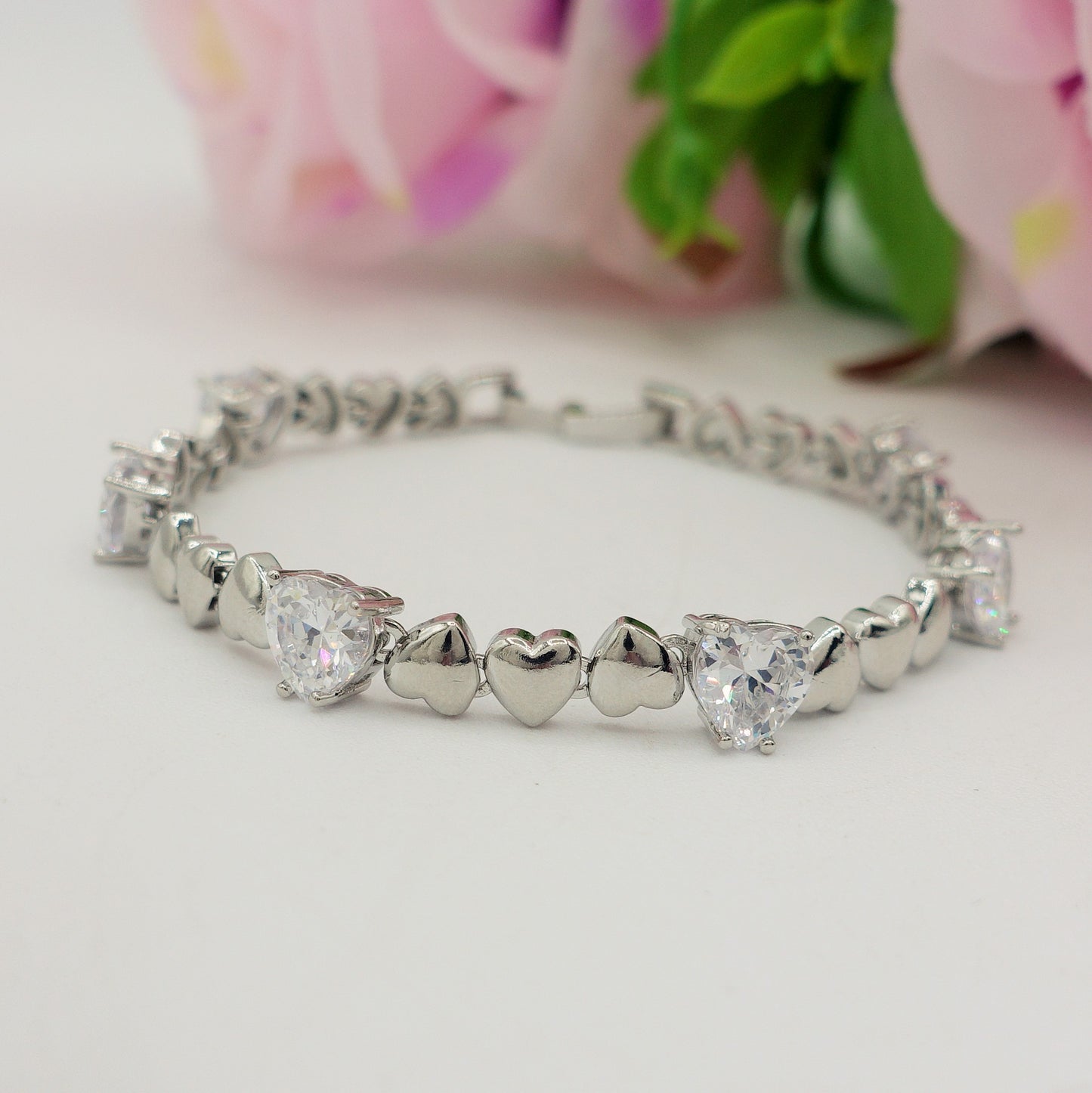 CLAIRE - Bracciale Tennis - Bracciale con cuoricini bombè e Cubic Zirconia a forma di cuore