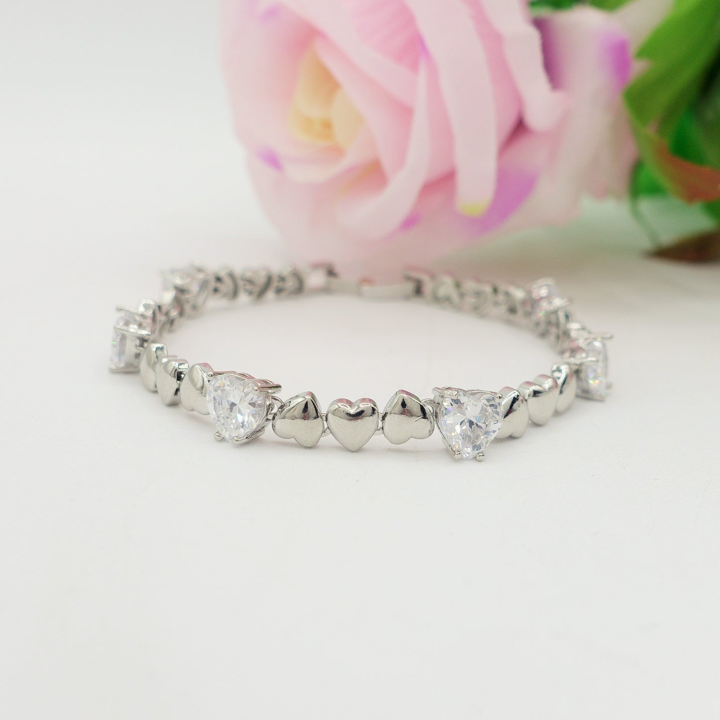 CLAIRE - Bracciale Tennis - Bracciale con cuoricini bombè e Cubic Zirconia a forma di cuore