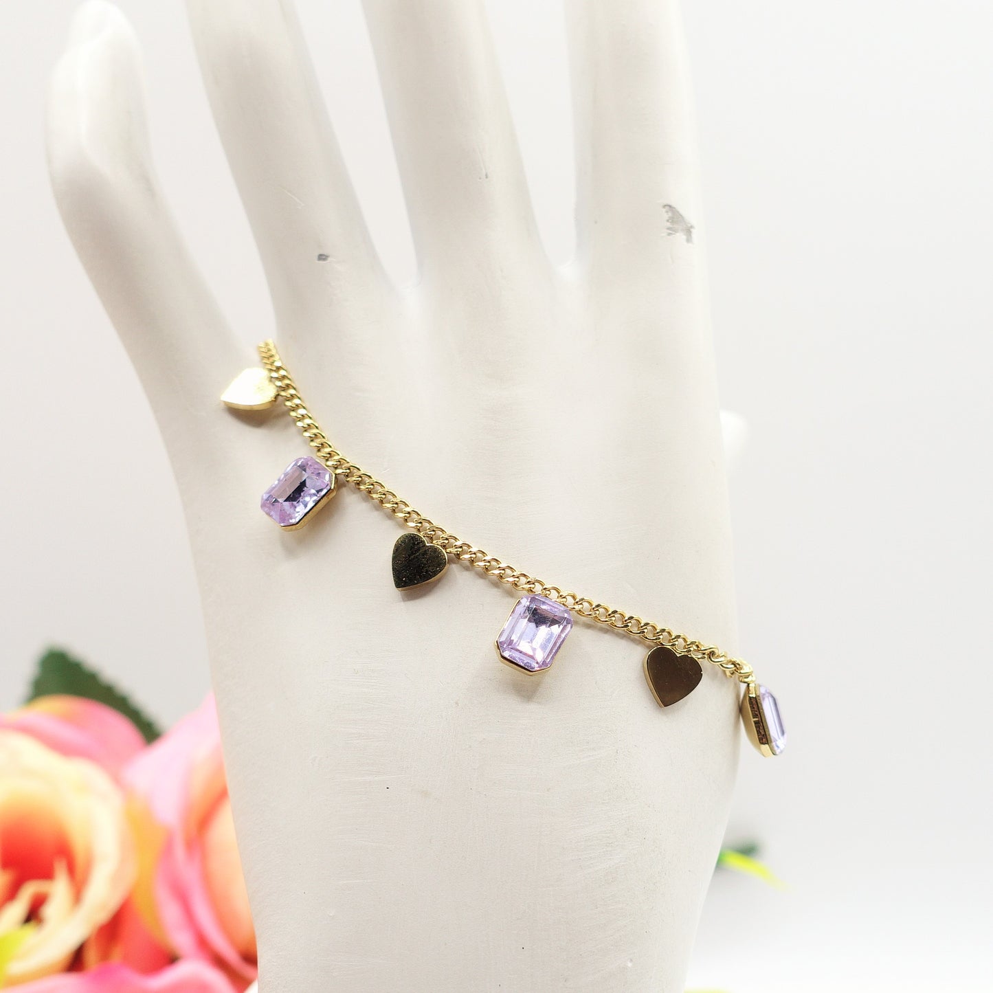 BRIGITTE ~ ACCIAIO INOSSIDABILE-  Bracciale con ciondoli pietre sfaccettate