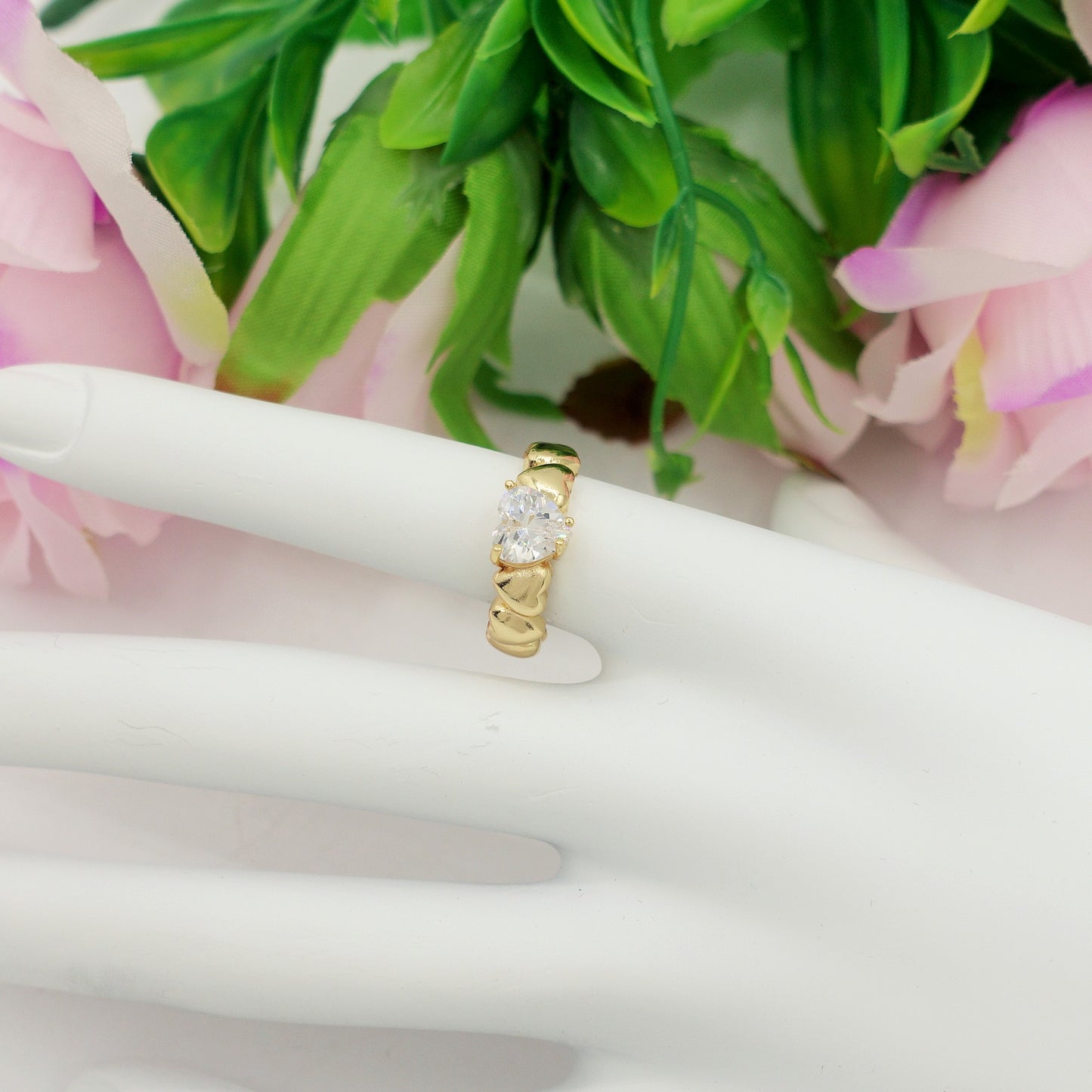 CLAIRE - Anello con cuoricini bombè e Cubic Zirconia a forma di cuore