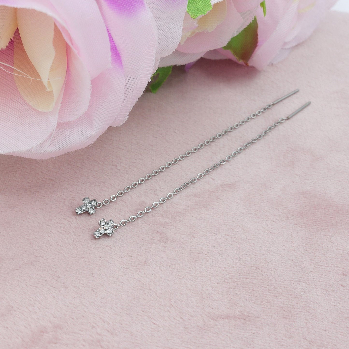 SHINY CROSS - Acciaio inossidabile ~ PAIO Orecchini filo pendenti con cubic zirconia - Ear Threader - Saliscendi