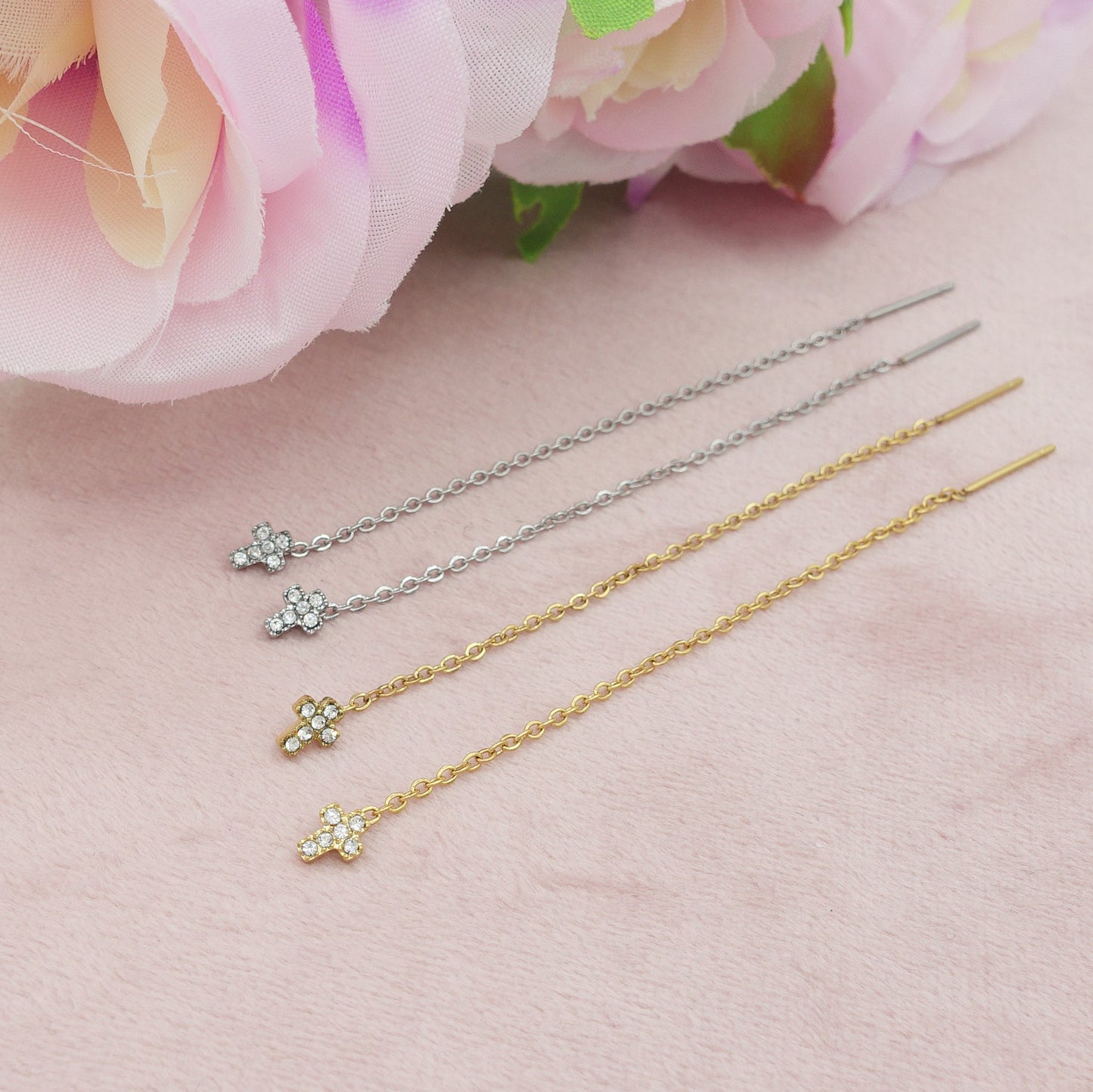 SHINY CROSS - Acciaio inossidabile ~ PAIO Orecchini filo pendenti con cubic zirconia - Ear Threader - Saliscendi