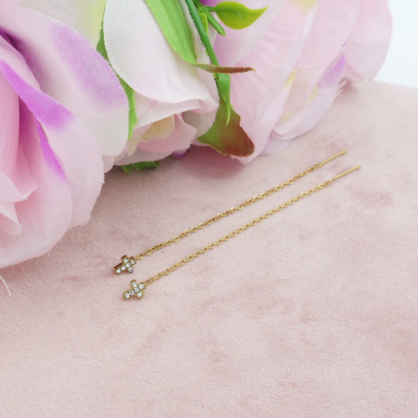 SHINY CROSS - Acciaio inossidabile ~ PAIO Orecchini filo pendenti con cubic zirconia - Ear Threader - Saliscendi