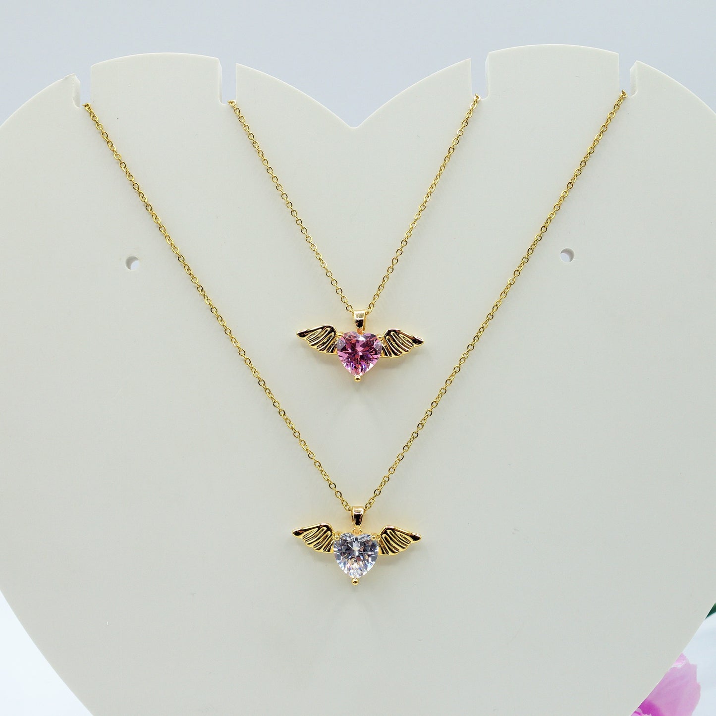 ANGEL - ACCIAIO INOSSIDABILE- collana con pendente CUORE con ali in cubic zirconia
