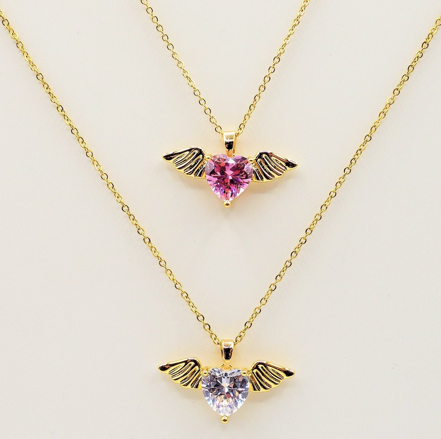 ANGEL - ACCIAIO INOSSIDABILE- collana con pendente CUORE con ali in cubic zirconia