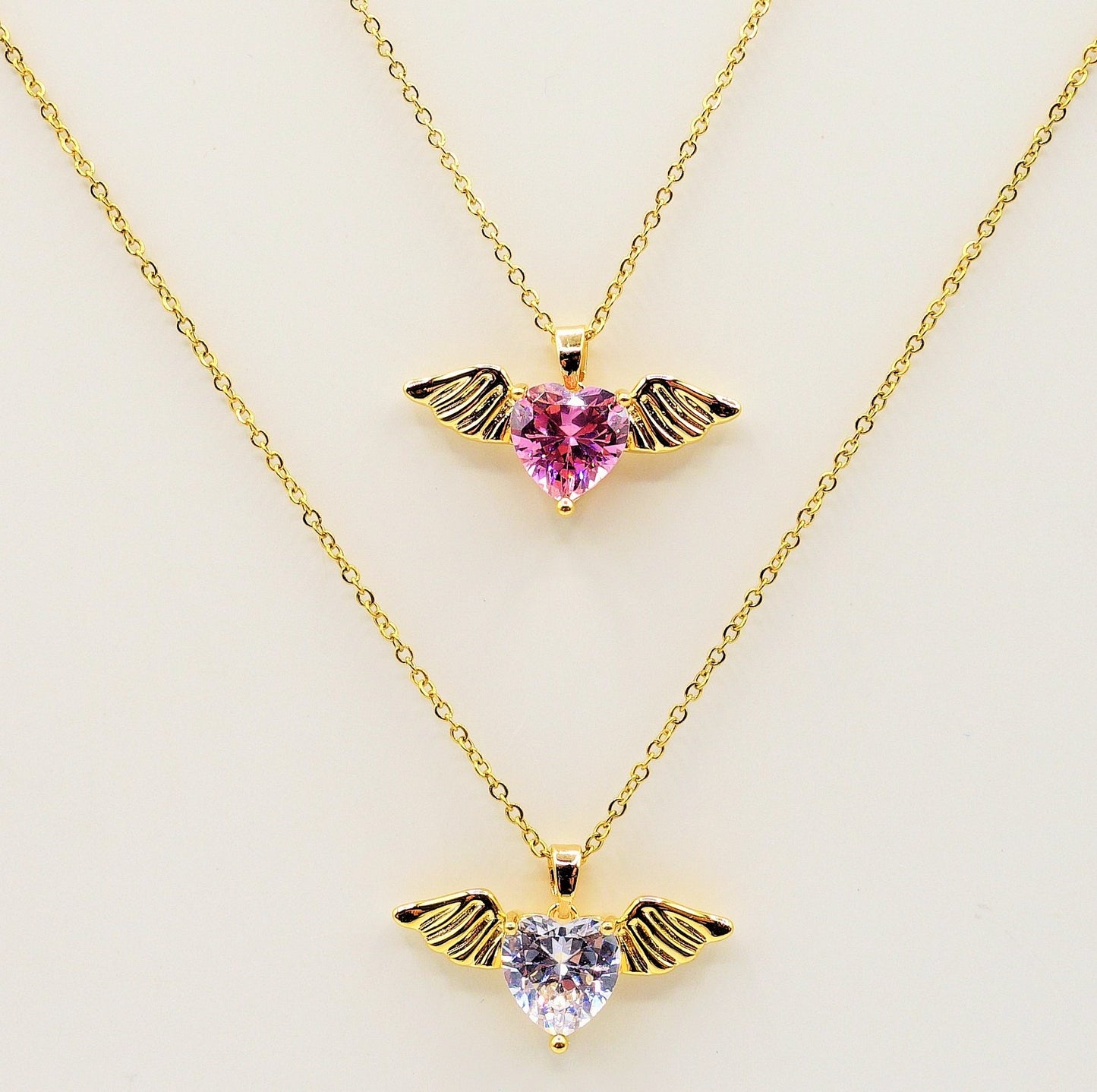 ANGEL - ACCIAIO INOSSIDABILE- collana con pendente CUORE con ali in cubic zirconia