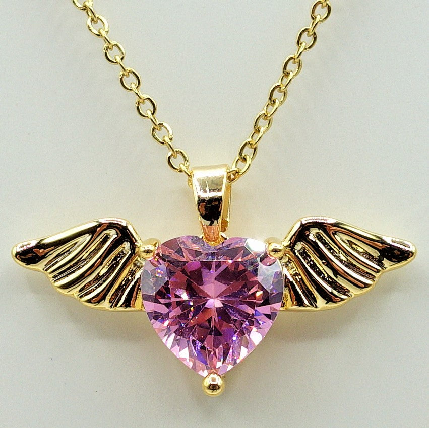ANGEL - ACCIAIO INOSSIDABILE- collana con pendente CUORE con ali in cubic zirconia