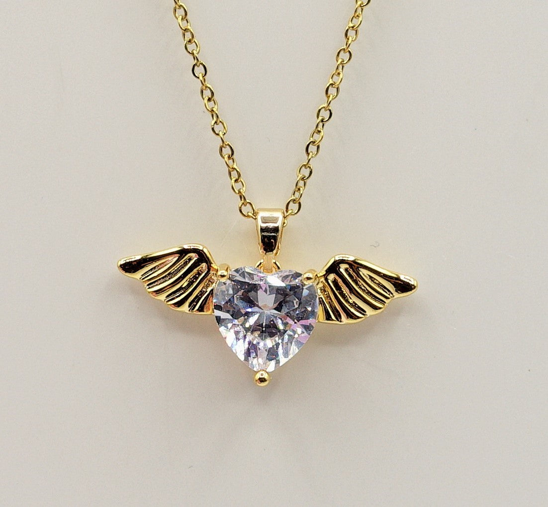 ANGEL - ACCIAIO INOSSIDABILE- collana con pendente CUORE con ali in cubic zirconia