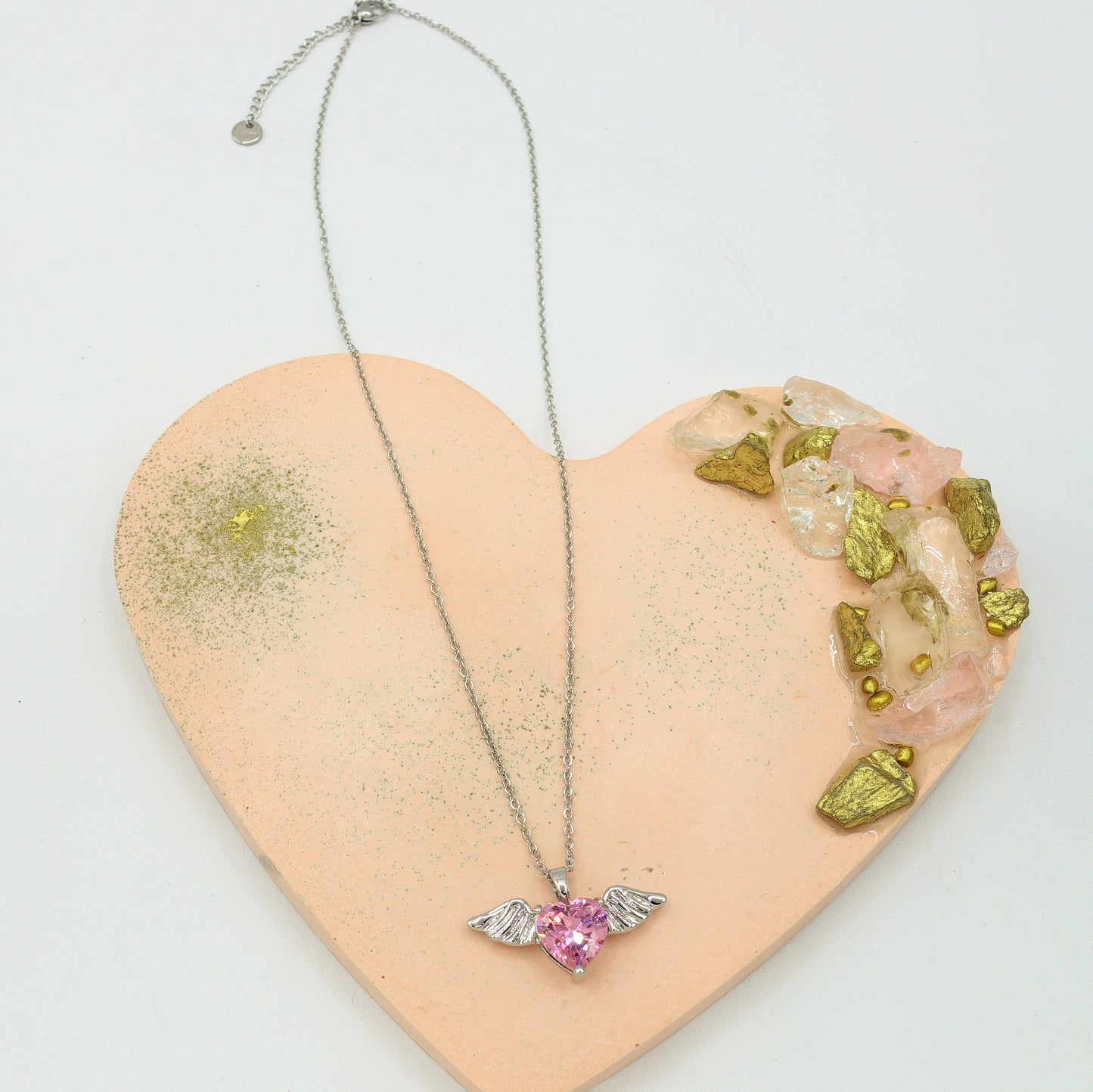 ANGEL - ACCIAIO INOSSIDABILE- collana con pendente CUORE con ali in cubic zirconia