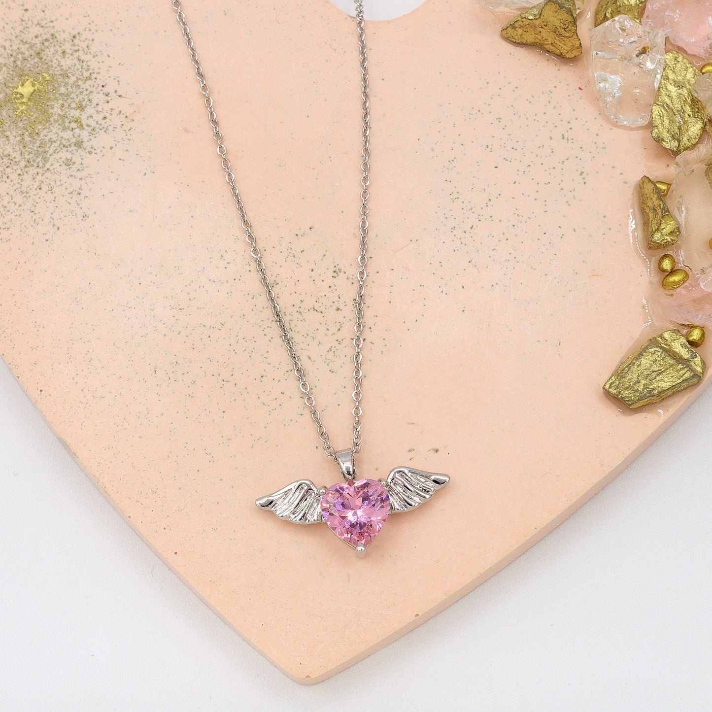 ANGEL - ACCIAIO INOSSIDABILE- collana con pendente CUORE con ali in cubic zirconia