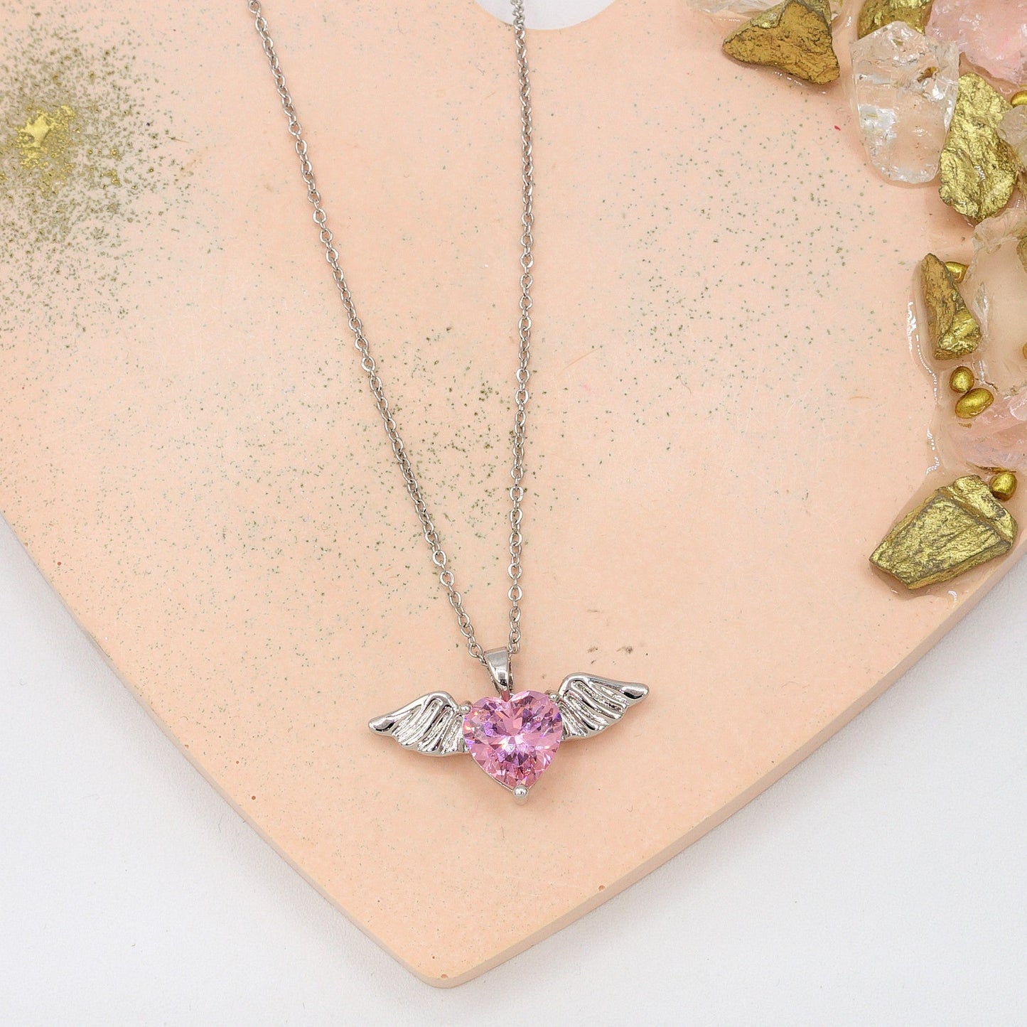 ANGEL SET - Acciaio Inossidabile- collana e bracciale con pendente cuore con ali in cubic zirconia