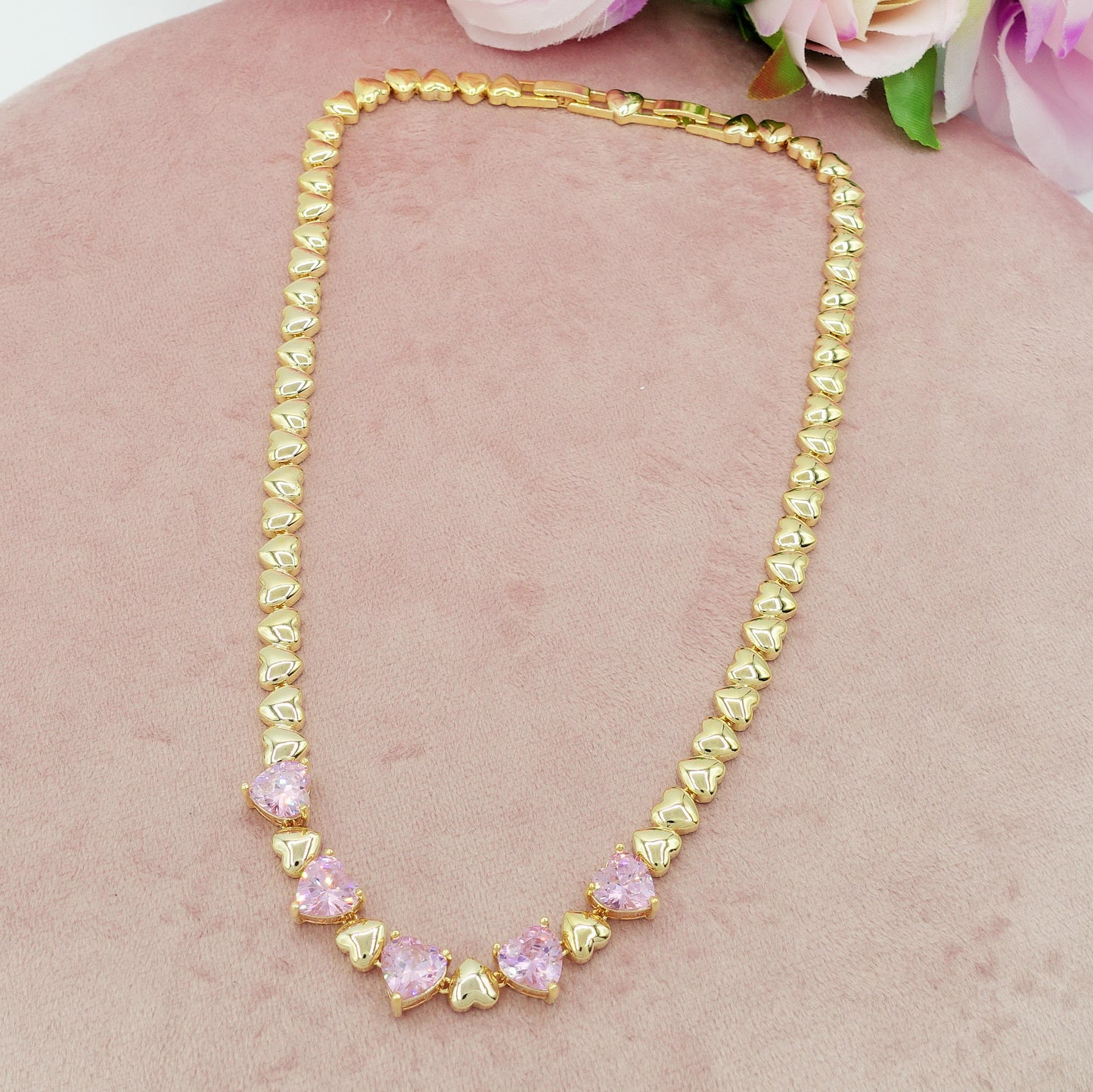 CLAIRE - Collier Tennis - Collana con cuoricini bombè e Cubic Zirconia a forma di cuore