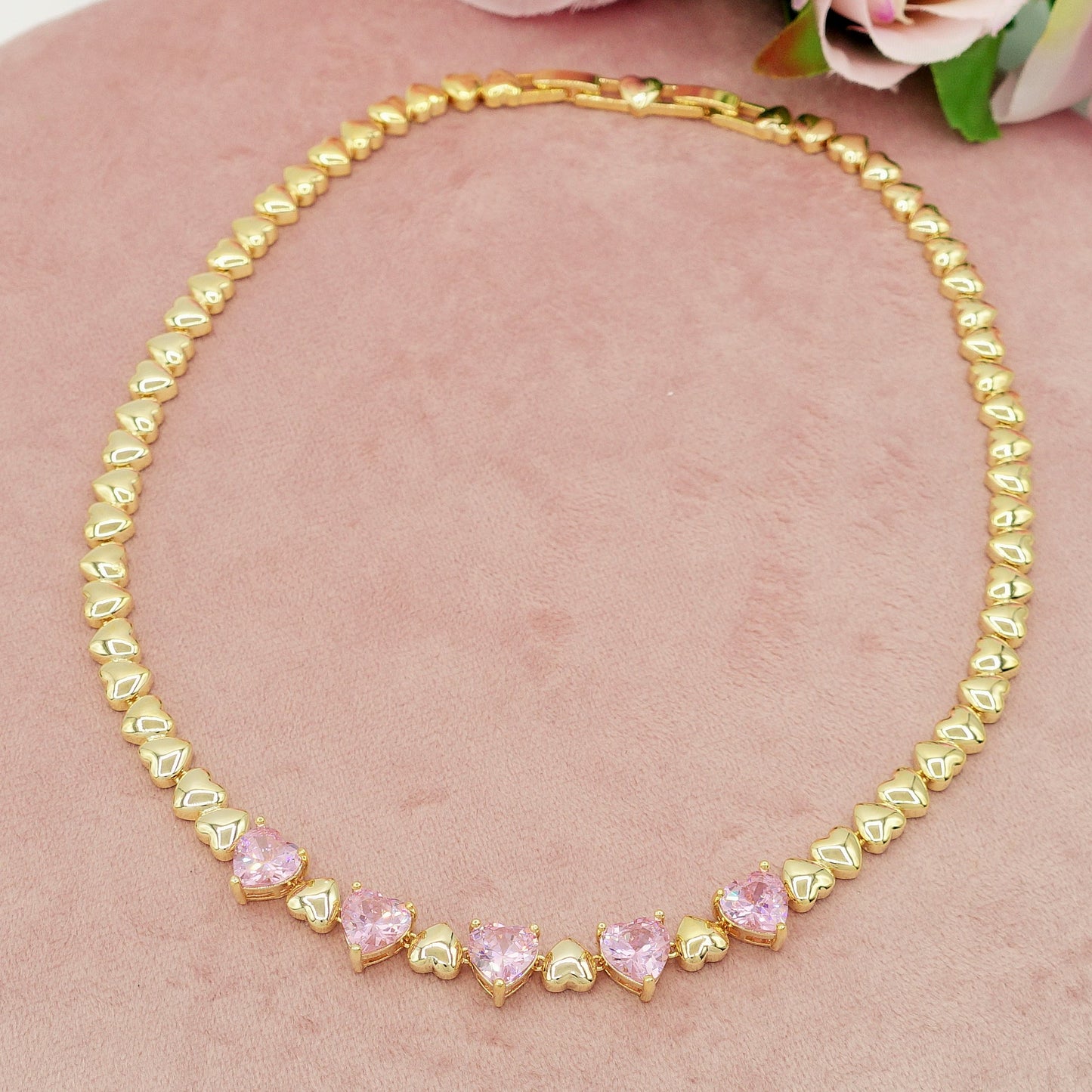 CLAIRE - Collier Tennis - Collana con cuoricini bombè e Cubic Zirconia a forma di cuore