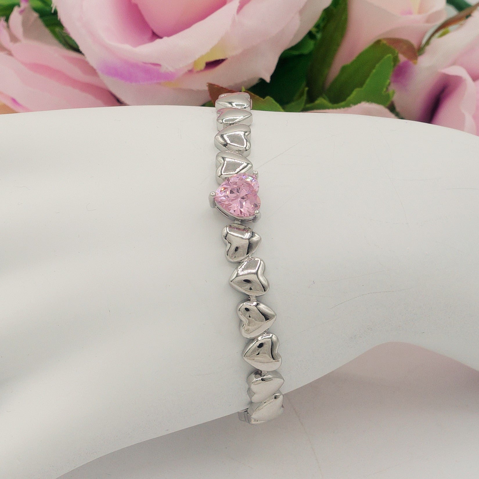 Bracciale Love Con Cuore E Freccia - Zirconi, Ottone Rosa, Catena Regolabile 13+13cm - Gioiello Romantico