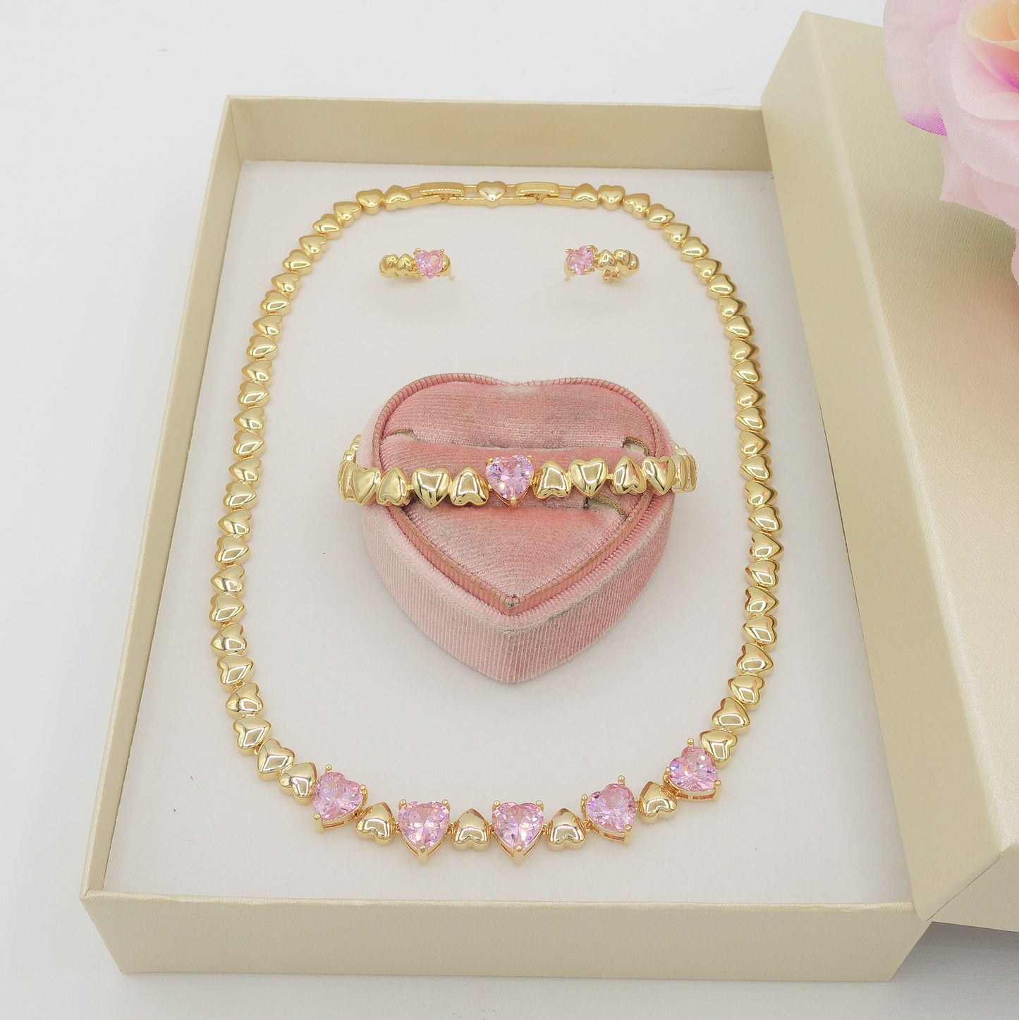 SET CLAIRE pink  3 pz. - Collier Tennis + Orecchini mini cerchi + bracciale Tennis