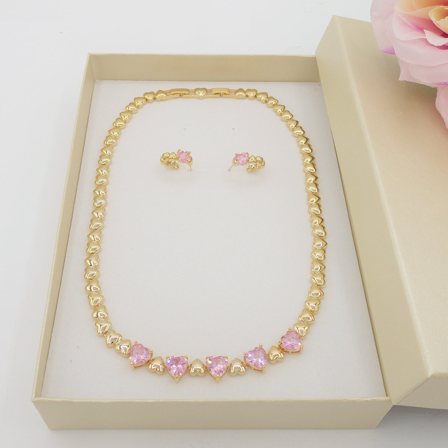 SET CLAIRE pink  3 pz. - Collier Tennis + Orecchini mini cerchi + bracciale Tennis