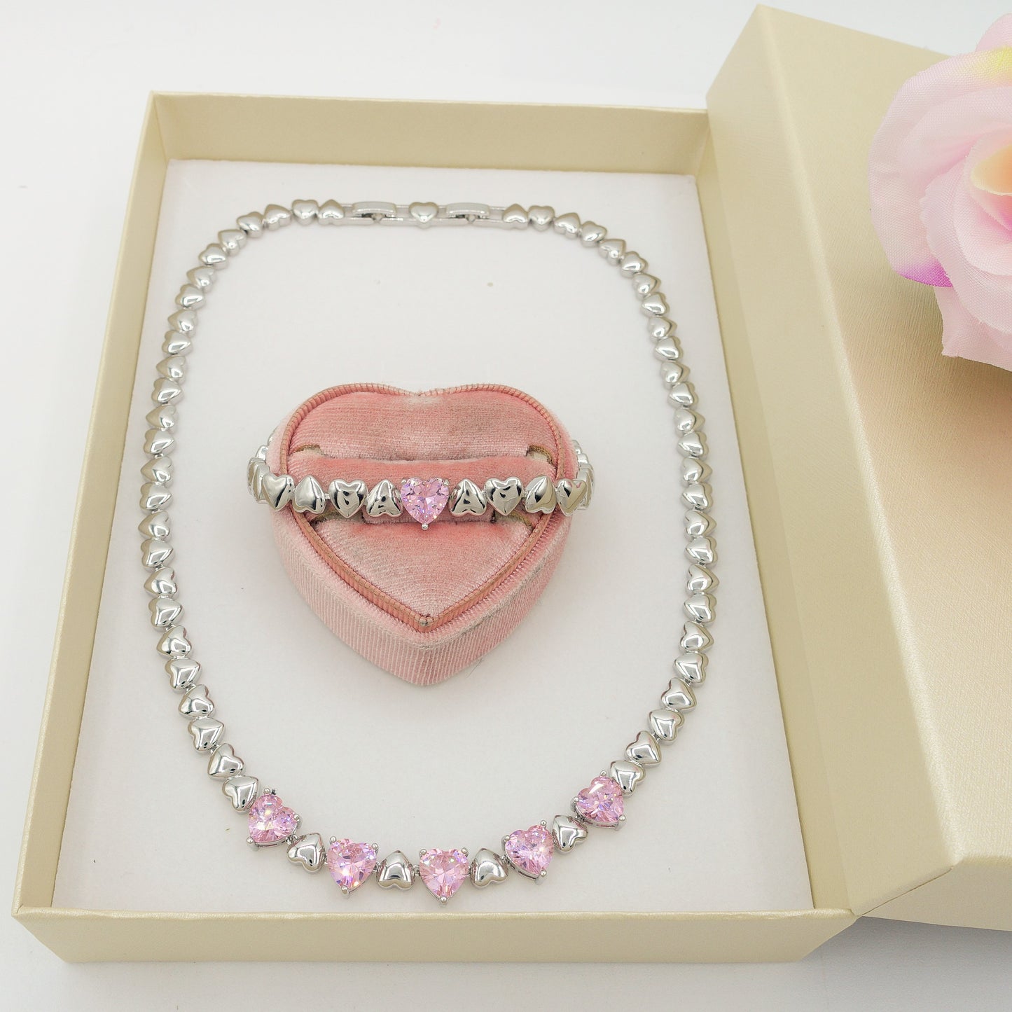 SET CLAIRE pink  3 pz. - Collier Tennis + Orecchini mini cerchi + bracciale Tennis