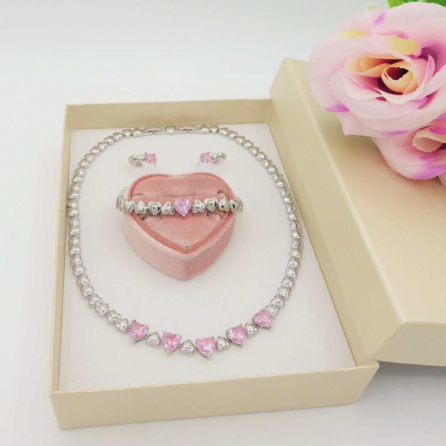 SET CLAIRE pink  3 pz. - Collier Tennis + Orecchini mini cerchi + bracciale Tennis