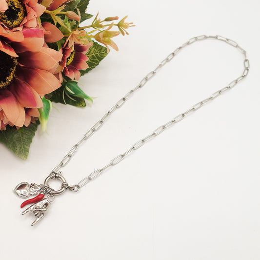 MEGA LUCKY ~ ACCIAIO INOSSIDABILE - Collana catena paperclip con ciondoli scaramantici