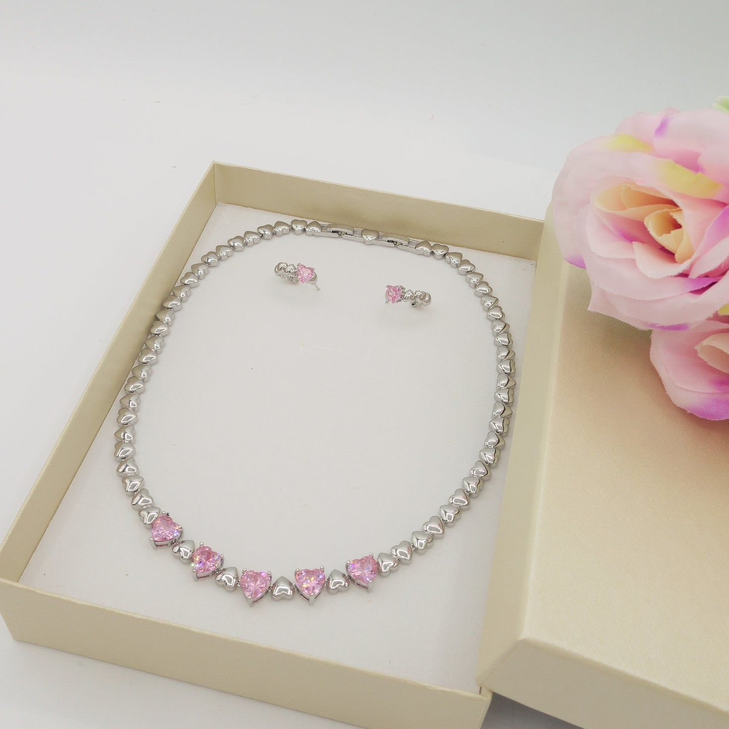 SET CLAIRE pink  3 pz. - Collier Tennis + Orecchini mini cerchi + bracciale Tennis