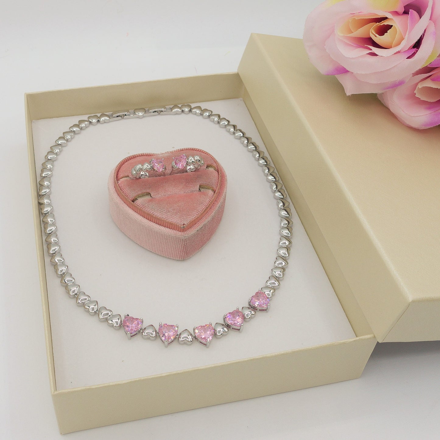 SET CLAIRE pink  3 pz. - Collier Tennis + Orecchini mini cerchi + bracciale Tennis