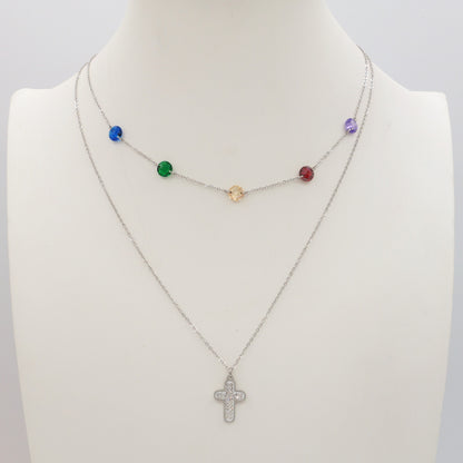 ODETTE ~ 2 in 1 Collana in ACCIAIO INOSSIDABILE doppia con croce e cristalli
