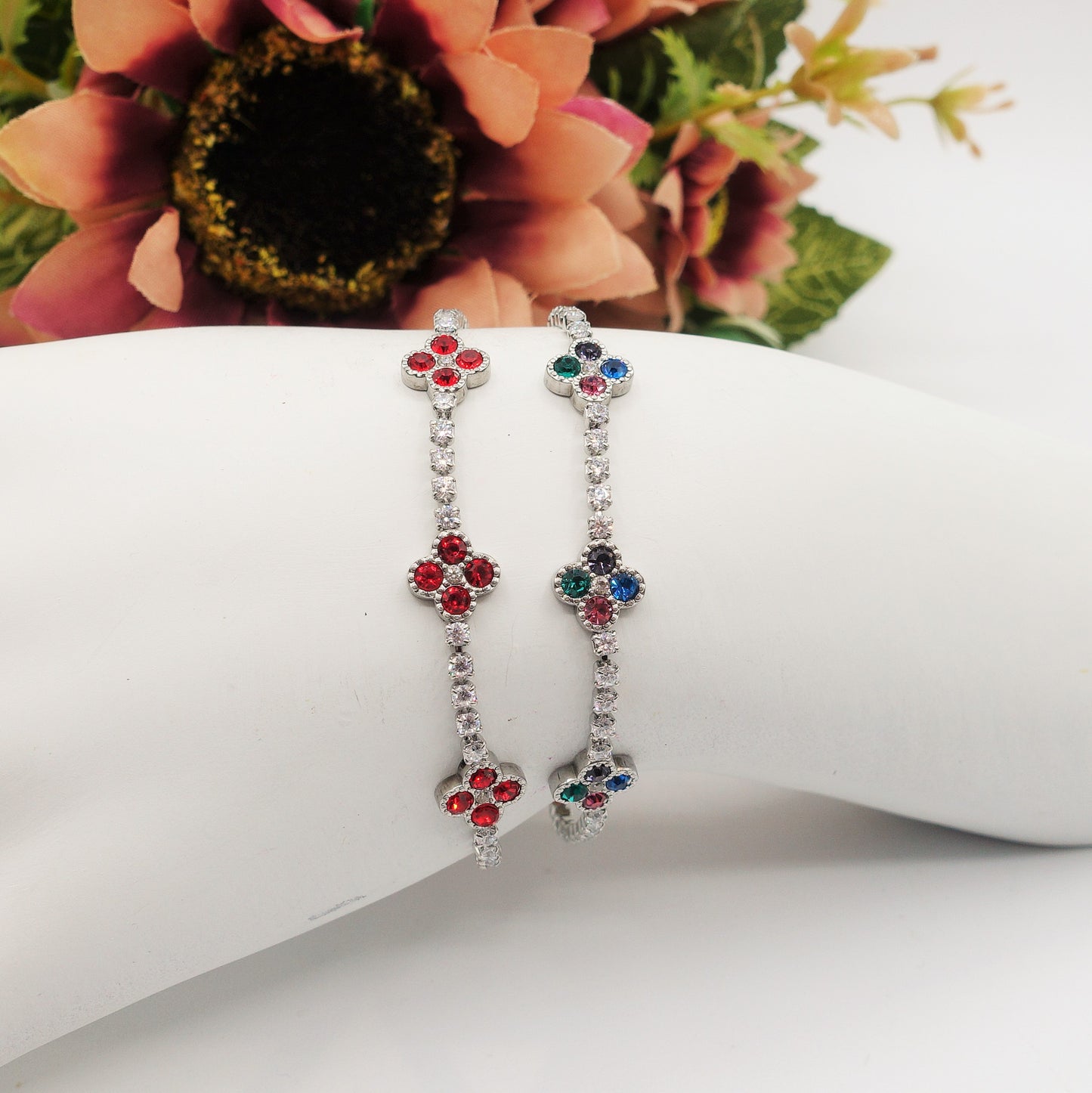 DAHLIA ~ ACCIAIO INOSSIDABILE - Bracciale tennis in cubic zirconia con fiori