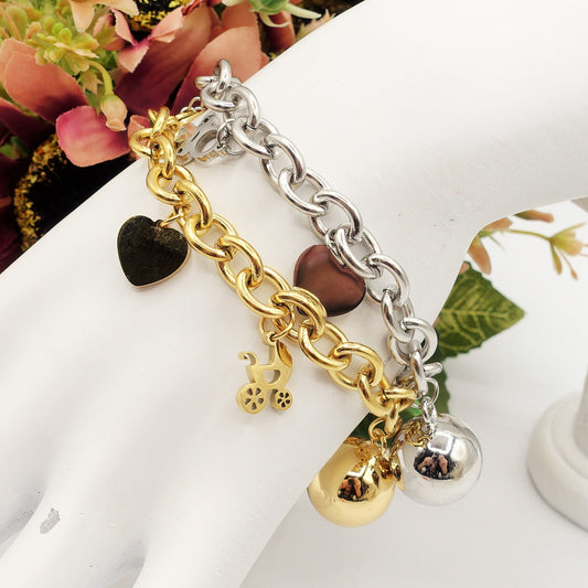 BABY ~ACCIAIO INOSSIDABILE - Bracciale con pallina chiama angeli e ciondoli nascita